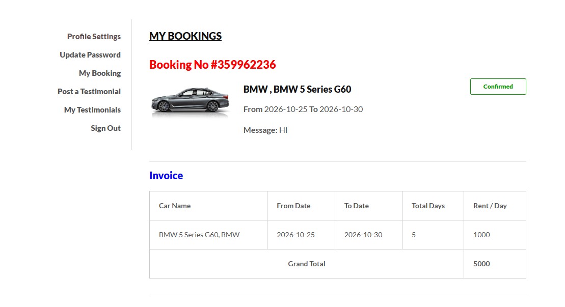Screenshot Member Page untuk Skrip Car Rental